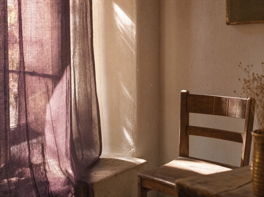 Morning light through a sheer curtain falling across a cream wall and a simple wooden chair.