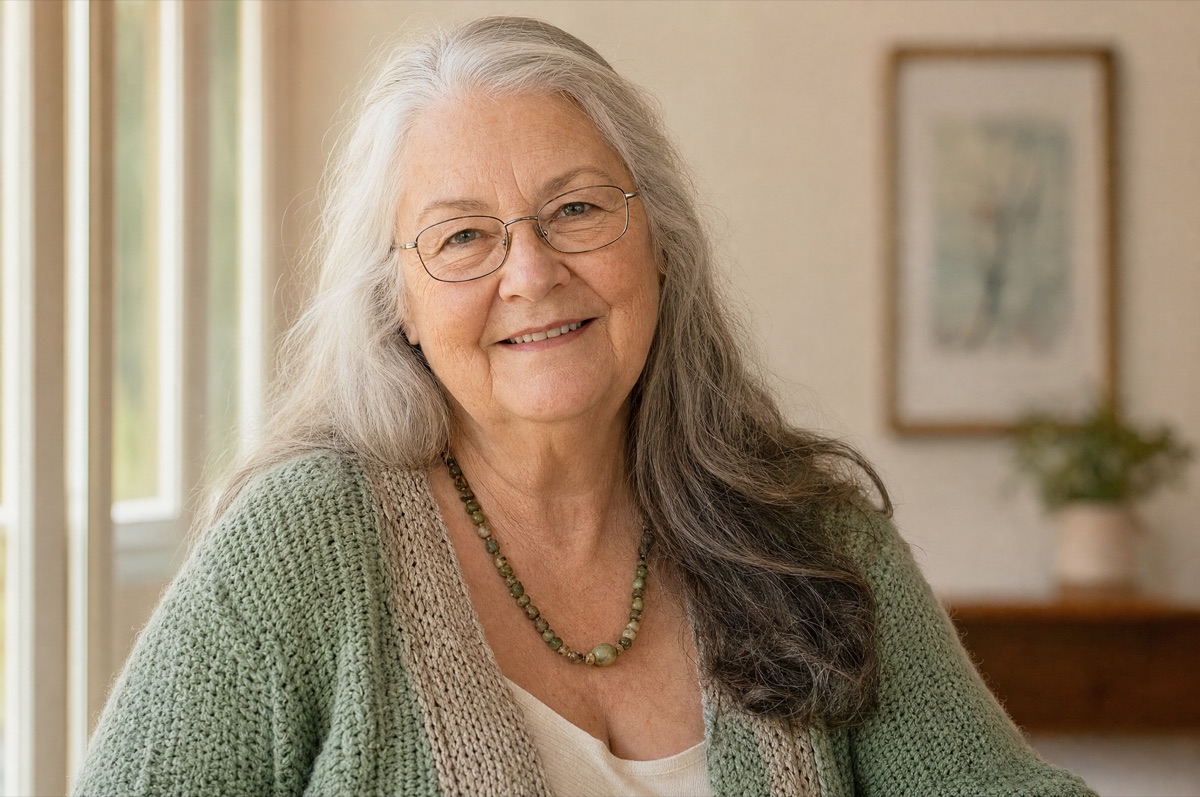 Placeholder portrait: a woman in her seventies with long silver hair and glasses, wearing a knit cardigan, smiling near a window.